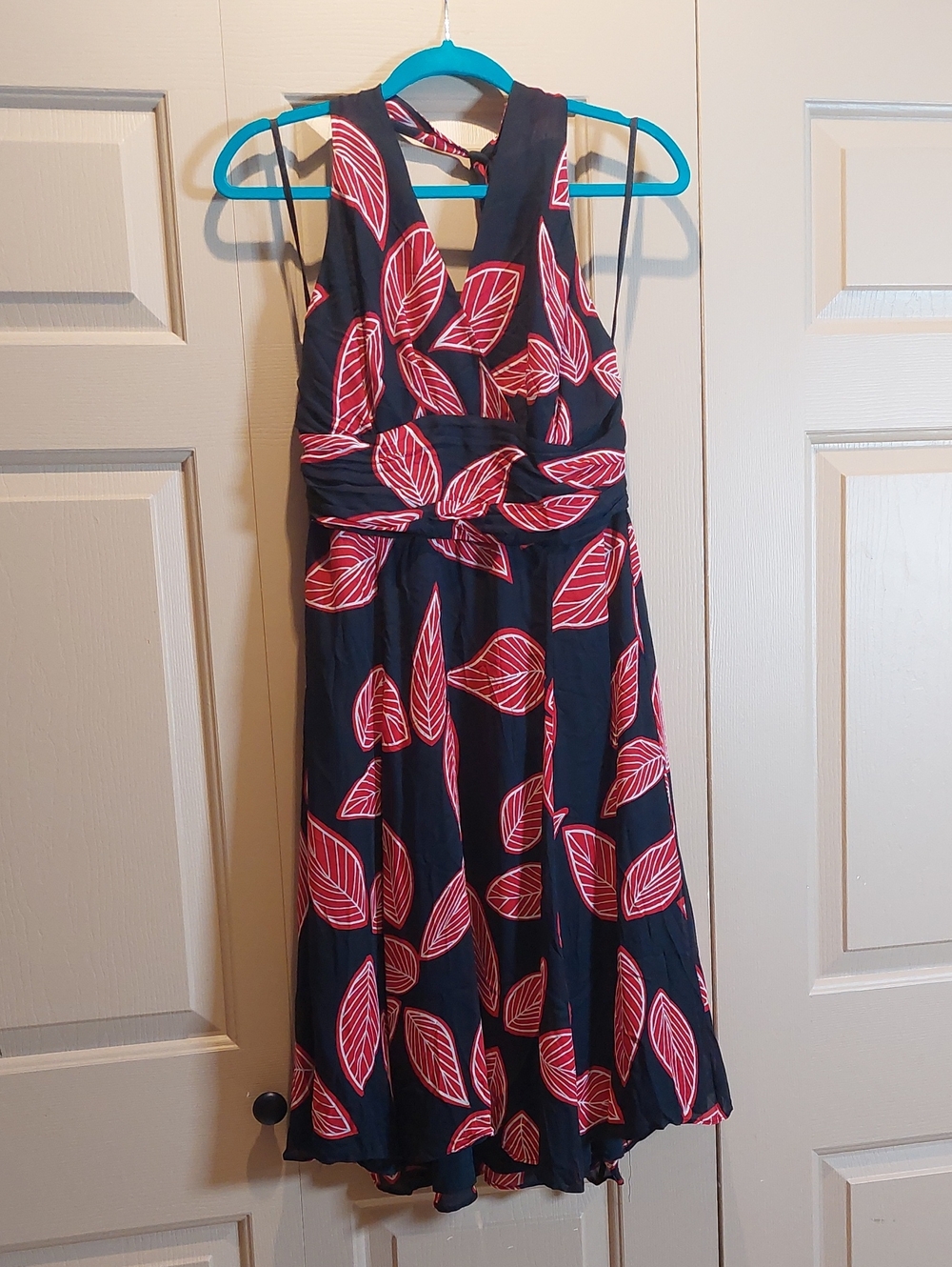 Oscar de la Renta Navy Midi Dress with Red Leaf Print